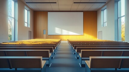 Empty lecture hall with wooden seats and large projection screen.