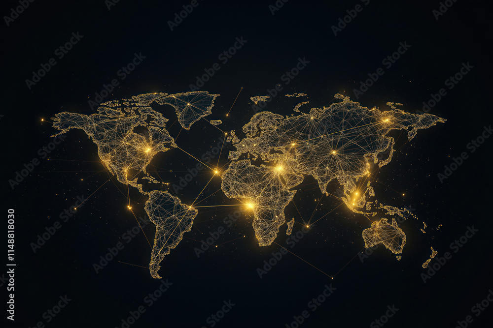 Poster global network map visualization. world map with glowing lines, points showing connections. futurist