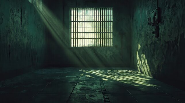 Dramatic view of a dimly lit cell with bars casting shadows on cold concrete, evoking a sense of confinement.