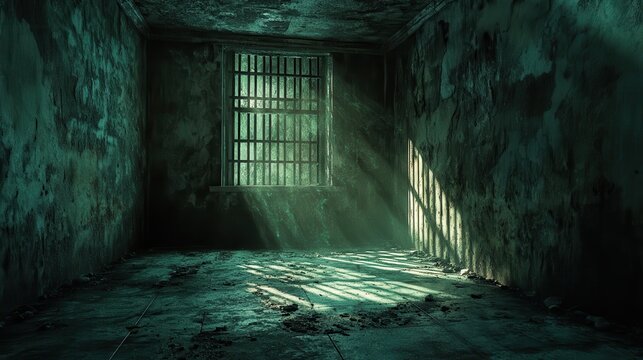 Dramatic view of a dimly lit cell with bars casting shadows on cold concrete, evoking a sense of confinement.