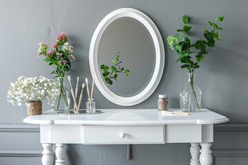 A white vanity table with an oval mirror and brush set