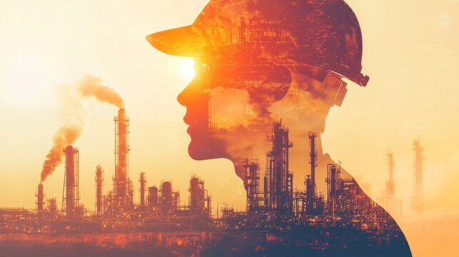 Industrial worker silhouette against refined oil plant urban landscape digital art concept sunrise view