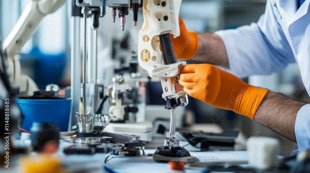 Poster robotic arm assembly advanced technology lab engineering process indoor setting close-up perspective