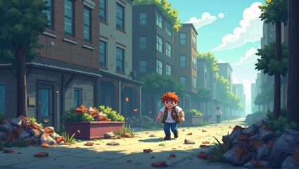 Fototapeta premium A serene suburban street with vibrant greenery and modern houses. A child in a red hoodie walks with a yellow backpack under a bright sunny sky. Generative, AI,