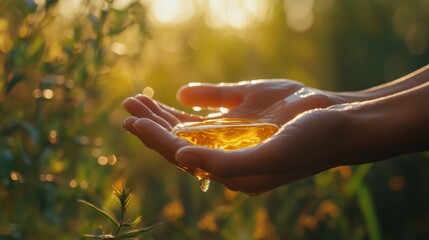 Dynamic shot of hands applying jojoba oil to skin, with a soft-focus background of calming nature.
