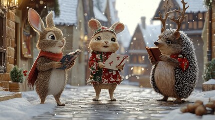 Christmas Carolers: Adorable animals singing carols in a snowy village, bringing warmth and joy to the festive season.