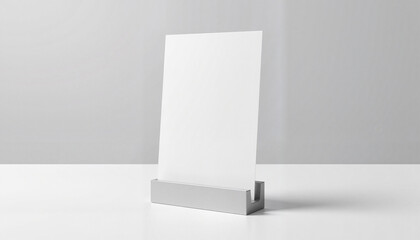 Minimalist blank sign holder on a white surface with copy space