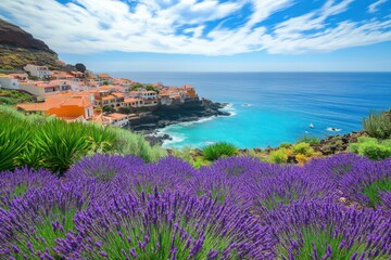 Coastal,Tenerife,village,during,lavender,bloom,purple,flowers,contrasting,turquoise,sea,