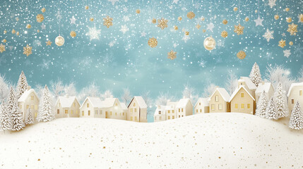 Snowy winter village scene with glowing lights, snowflakes and white Christmas trees.	