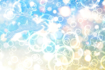 Happy New year 2025 card. Abstract festive elegant blue gold glittering greeting card with bokeh circles, glowing christmas stars, a stag and space for text.