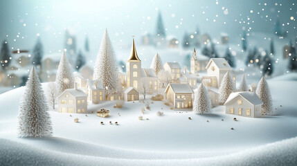 Snowy winter village scene with glowing lights and decorated Christmas trees.	