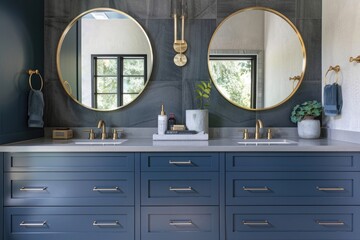 Dark blue double bathroom vanity with brass hardware, two circular mirrors hanging above the top of it, contemporary style bathroom