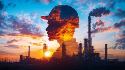 Industrial worker silhouette against vibrant sunset oil refinery photography urban environment profile view energy concept
