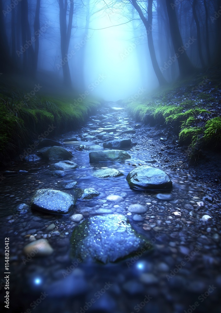 Poster A serene, misty forest stream illuminated by soft blue light.