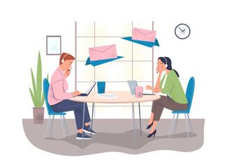 Fototapeta premium Vector illustration of two office employees working at a desk, using laptops and phones, surrounded by floating email icons. Modern workspace design with soft colors, plants, and a clock on the wall
