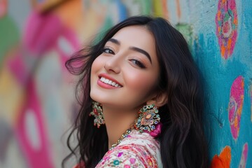 Fototapeta premium A CHEERFUL YOUNG WOMAN WITH GULAL ALL OVER LOOKING AWAY AND POSING, CLOSE UP 