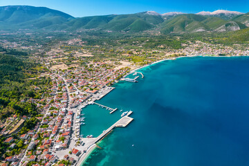 Aerial view of the Sami port town on a beautiful Kefalonia island in Greece