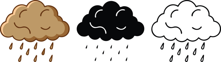 Rainy Clouds Brown, Black, White Outline Drawings