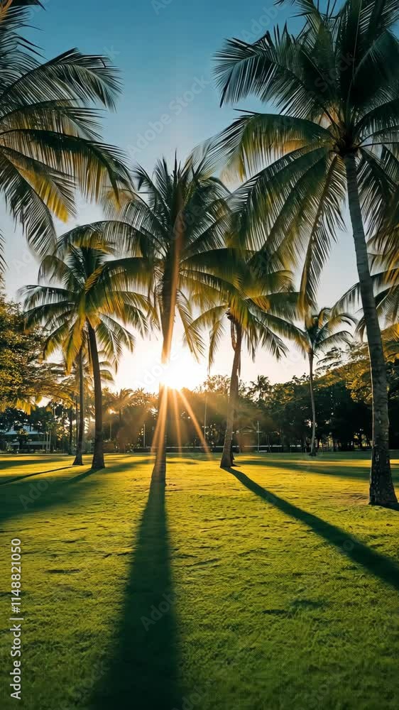 Poster sunlight filters through palm trees in a serene park at sunset, creating beautiful shadows on the gr