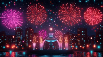 A vibrant night scene featuring a fountain illuminated by colorful fireworks against a city skyline.