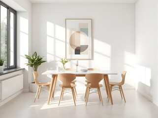 Fototapeta premium minimalist dining room interior with geometric art poster frame mockup, clean wooden furniture, soft lighting and modern aesthetic, minimalistic home decor design