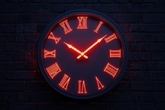 A round clock with glowing red Roman numerals and hands against a dark brick background, showcasing an artistic timepiece design.