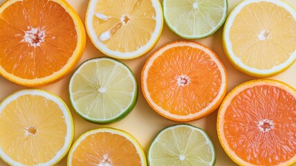 Obraz premium Background of sliced citrus fruits (orange, lemon, lime) arranged in a minimalistic pattern on a pastel yellow background. There is free space for text in the corners.