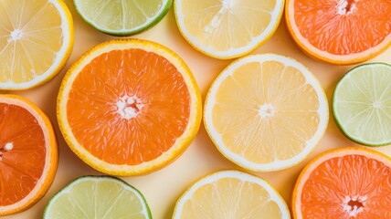Fototapeta premium Background of sliced citrus fruits (orange, lemon, lime) arranged in a minimalistic pattern on a pastel yellow background. There is free space for text in the corners.