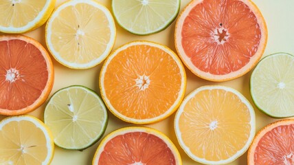 Fototapeta premium Background of sliced citrus fruits (orange, lemon, lime) arranged in a minimalistic pattern on a pastel yellow background. There is free space for text in the corners.