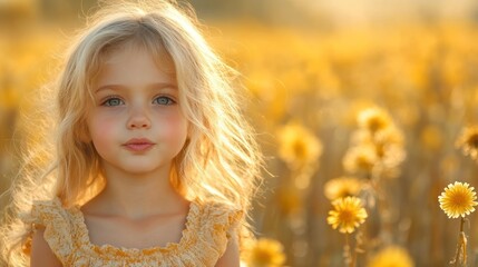 Fototapeta premium A serene portrait of a girl in a sunflower field during golden hour.