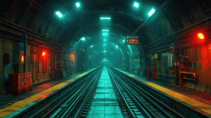 Neon Lit Subway Tunnel Platform Tracks Ahead