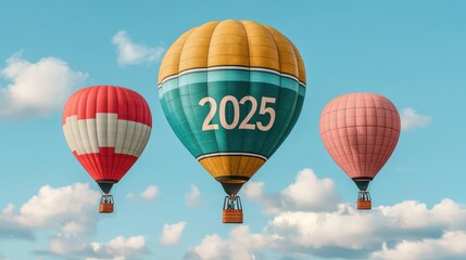 Obraz premium Three colorful hot air balloons float against a bright blue sky, with clouds in the background, featuring the year 
