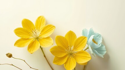 Delicate yellow and blue flowers arranged aesthetically on a soft neutral background