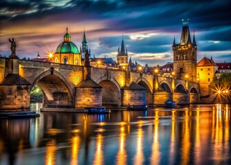 Fototapeta premium Charles Bridge Prague Night Long Exposure Photography, Dramatic Cityscape