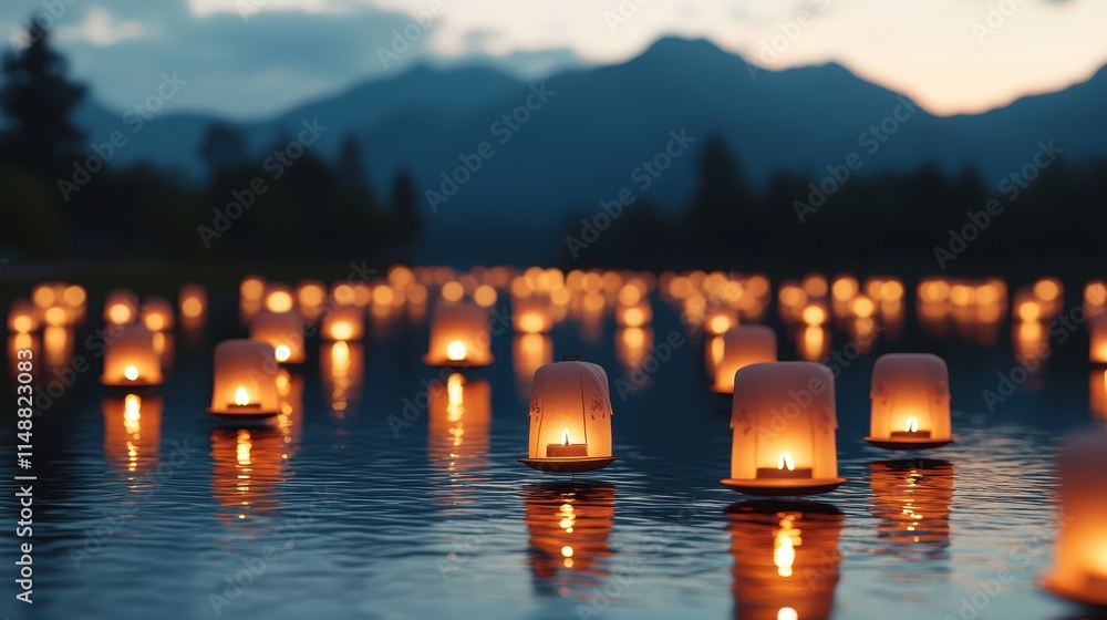Poster a serene scene of glowing lanterns floating on water, surrounded by mountains at dusk, creating a pe