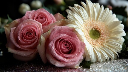 Close-up of pink roses and a white gerbera daisy with water droplets.