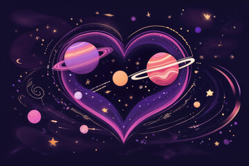 Whimsical cosmic heart illustration featuring ringed planets in pink and purple hues with gold accents, perfect for Valentine's Day, anniversary celebrations, and space-themed romantic content
