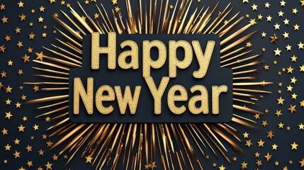 A festive design featuring "Happy New Year" in glittering gold, surrounded by starbursts and stars, celebrating the arrival of a new year.