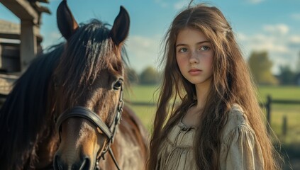 Fototapeta premium Young girl stands beside her horse in a tranquil countryside setting