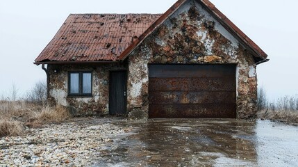 Rustic stone house with rusty garage door, weathered exterior.