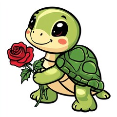 Fototapeta premium Cute cartoon turtle holding a rose whimsical illustration playful environment joyful concept