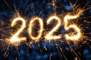 2025 written with golden sparklers on dark blue background