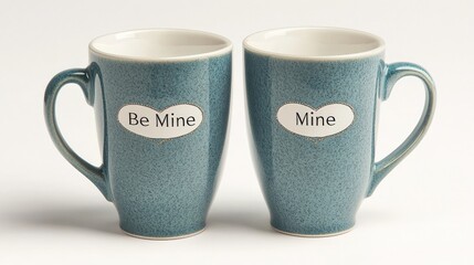 Teal mugs, heart-shaped labels: Be Mine, Mine