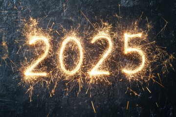 Sparkling 2025 new year celebration with bright sparklers on dark background