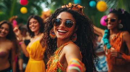 Obraz premium Group of friends dancing together at a lively outdoor party, smiles wide and carefree, surrounded by colorful decorations.