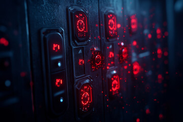 Naklejka premium High tech control panel with glowing red buttons and digital displays