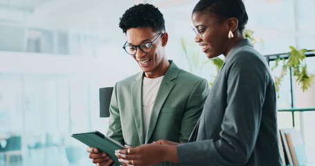 Coaching, eco consultant and tablet with business people in office for sustainability manager,...