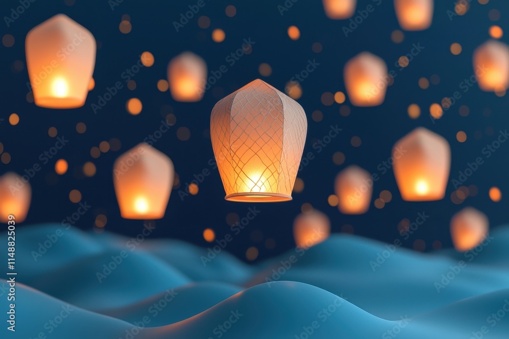 Poster ethereal glowing lanterns float above waves, creating a tranquil, enchanting atmosphere against a de