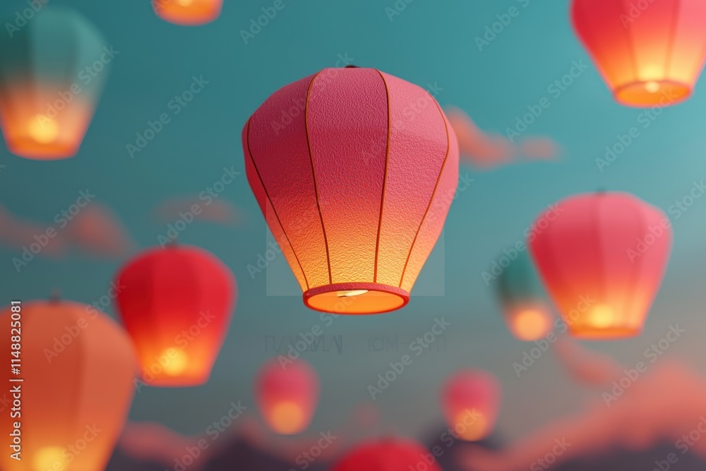 Poster colorful lanterns float against a serene sky, creating a magical atmosphere filled with light and tr