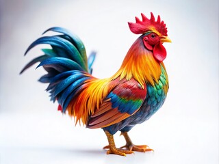 Fototapeta premium Charming Rooster Miniature, Whimsical Farm Animal, Tilt-Shift Photography, White Background, Countryside Bird